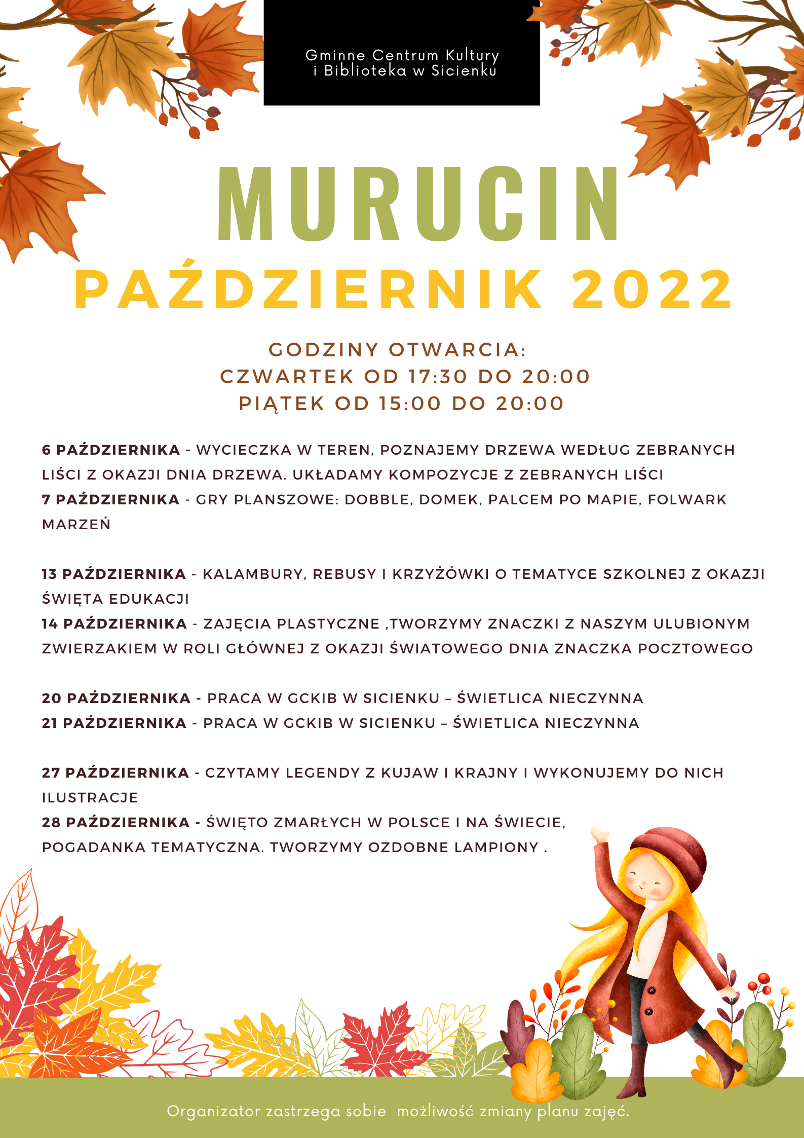 Plan pracy październik 2022- świetlica wiejska w Murucin.