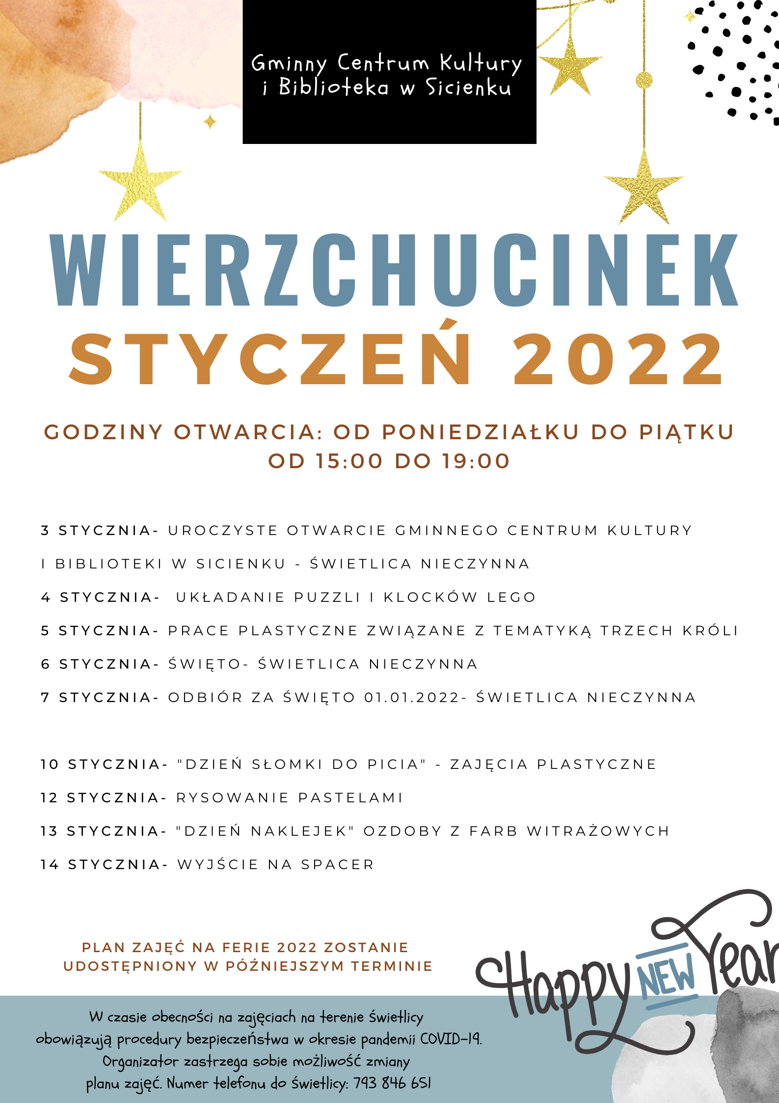 Plan pracy styczeń 2022- świetlica wiejska w Wojnowie.