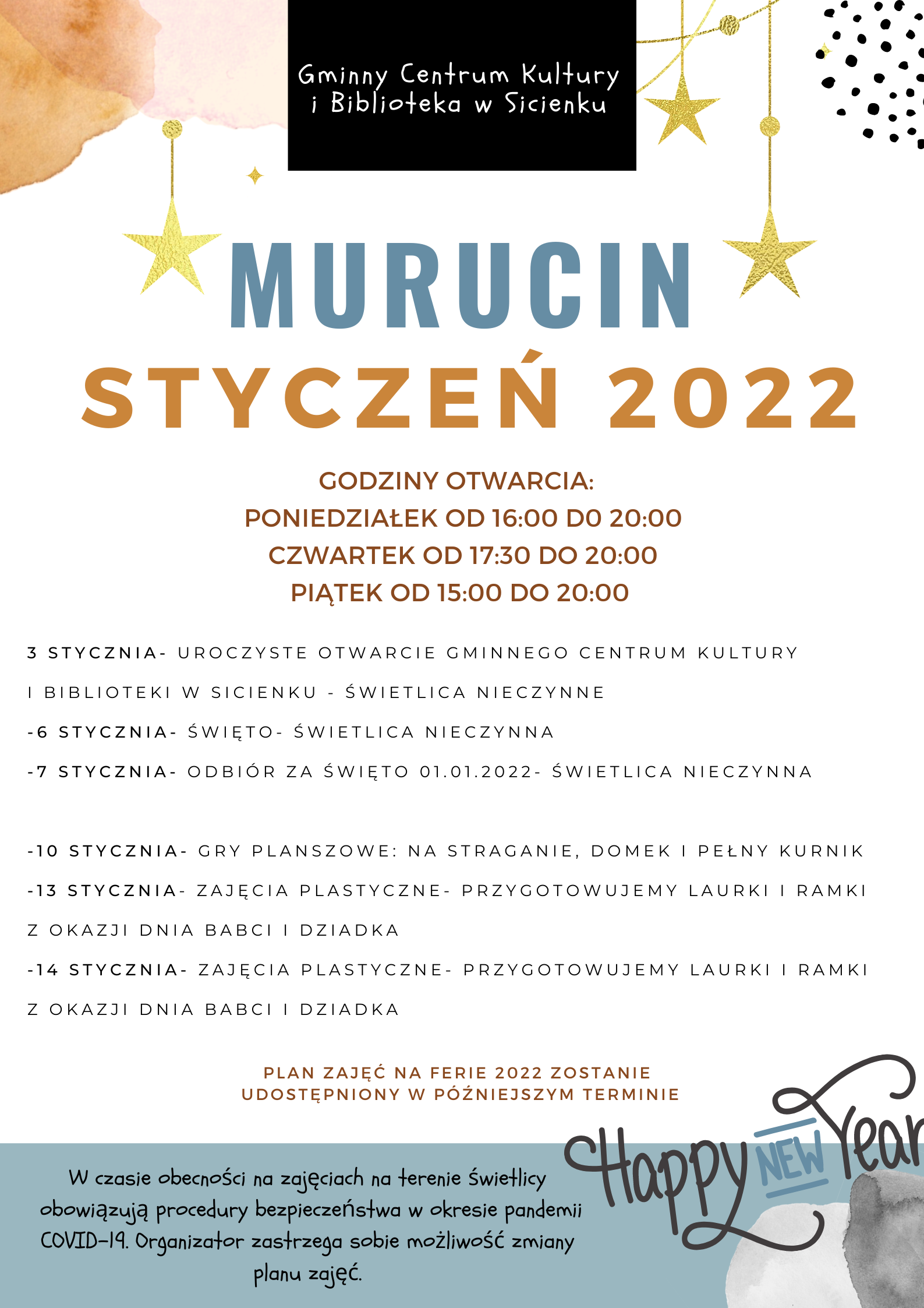 Plan pracy styczeń 2022- świetlica wiejska w Murucinie.