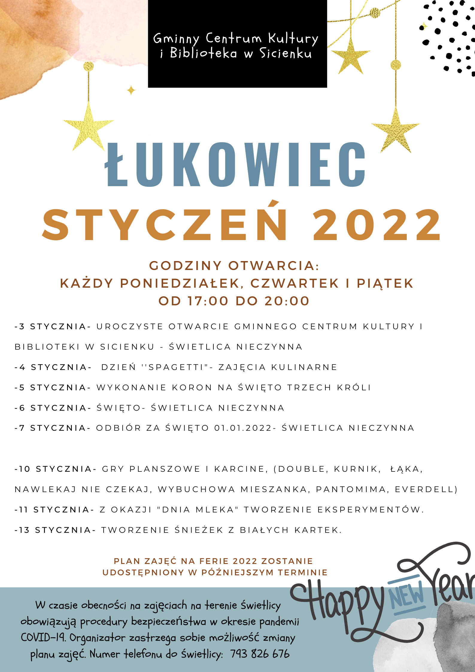 Plan pracy styczeń 2022- świetlica wiejska w Łukowcu.