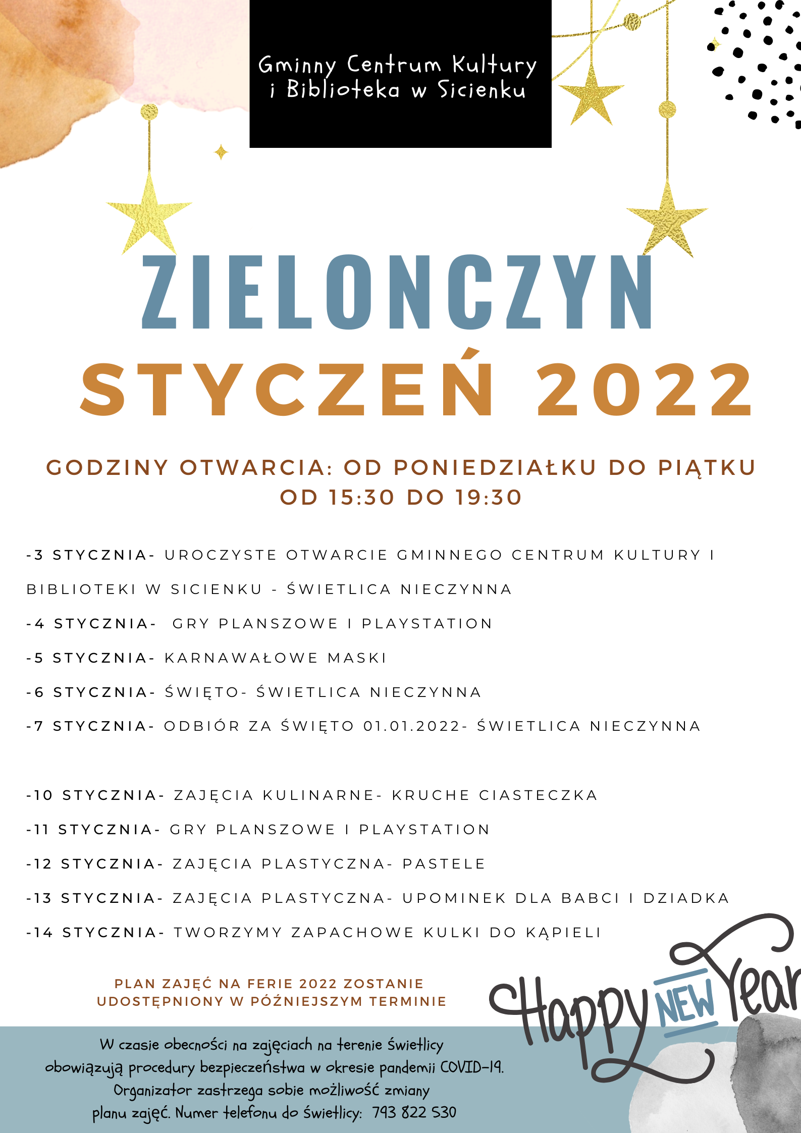 Plan pracy styczeń 2022- świetlica wiejska w Zielonczynie.