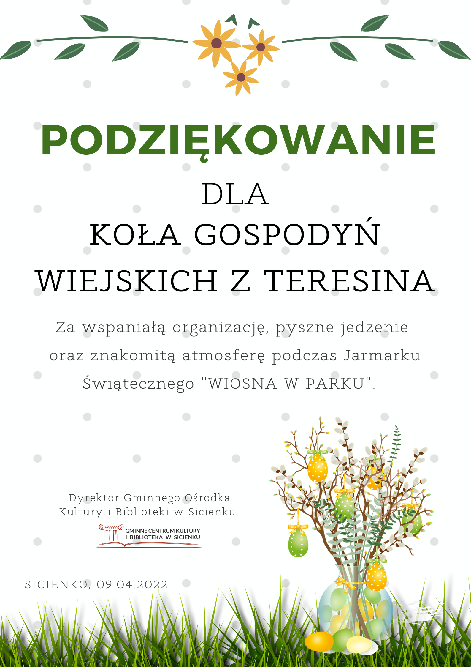 Podziękowania dla Koła Gospodyń Wiejskich w Teresinie.