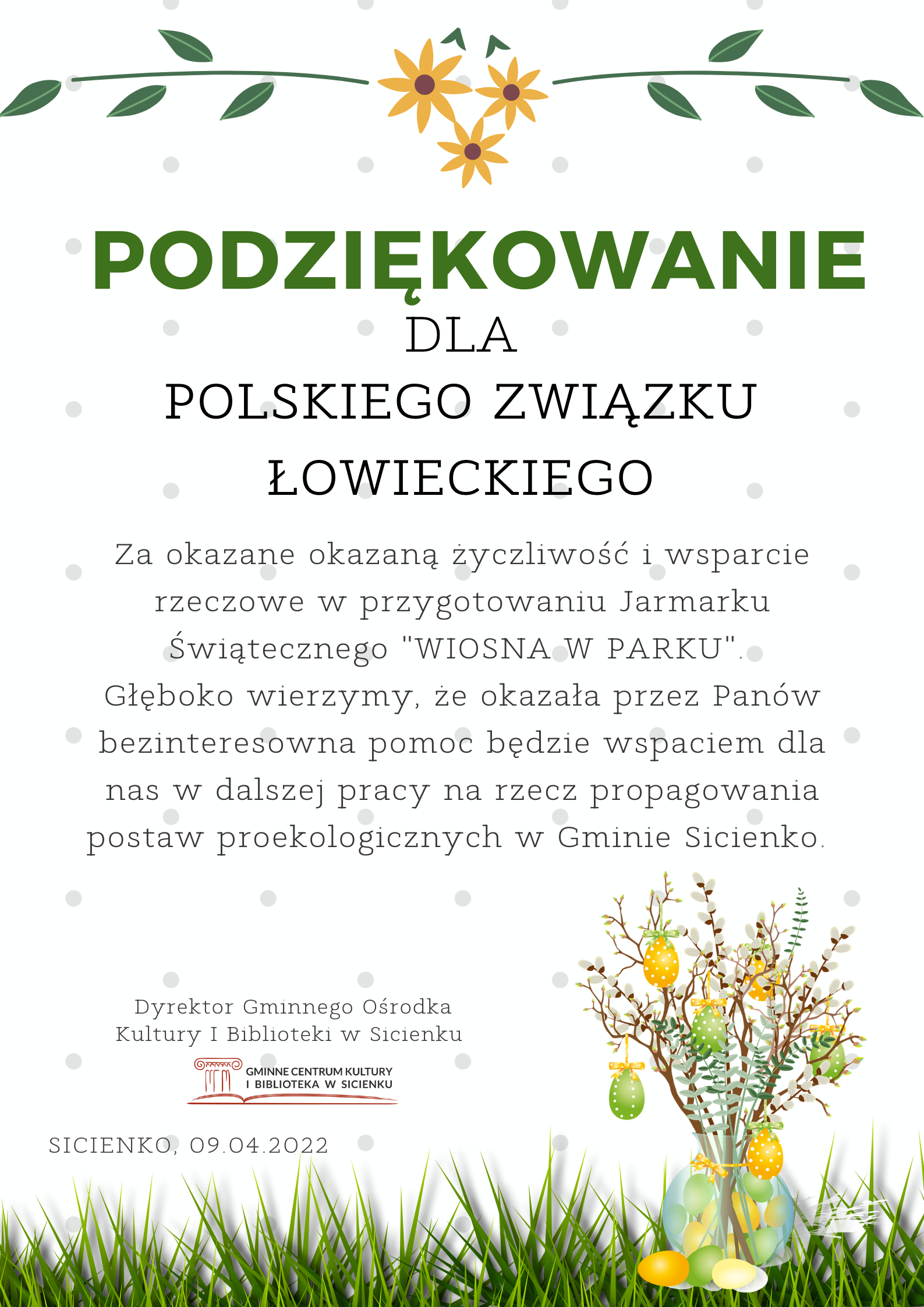 Podziękowanie dla Polskiego Związku Łowieckiego. 