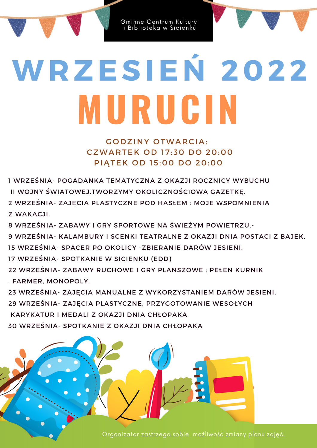 Plan pracy wrzesień 2022- świetlica wiejska w Murucin.