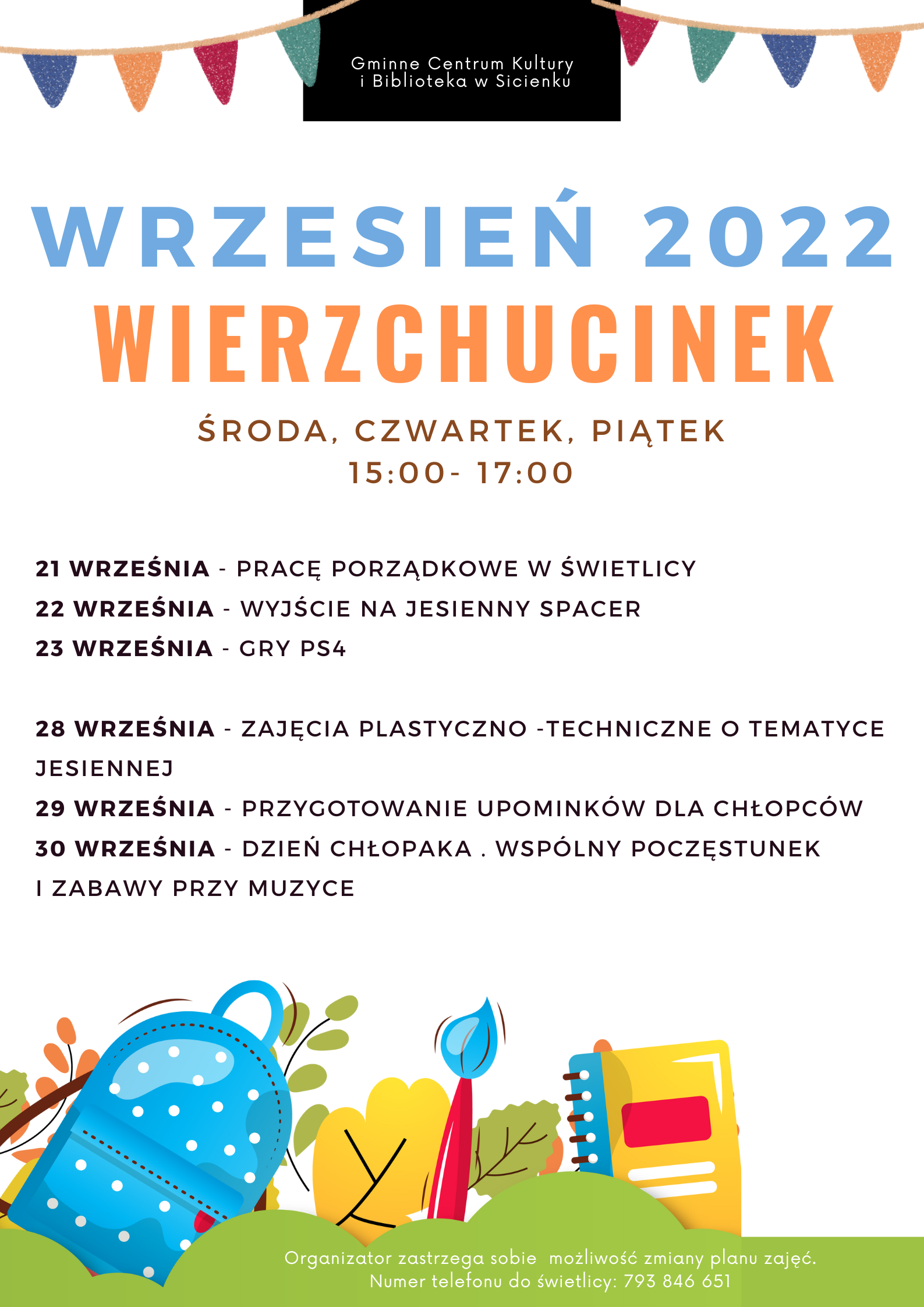 Plan pracy wrzesień 2022- świetlica wiejska w Wierzchucinek.