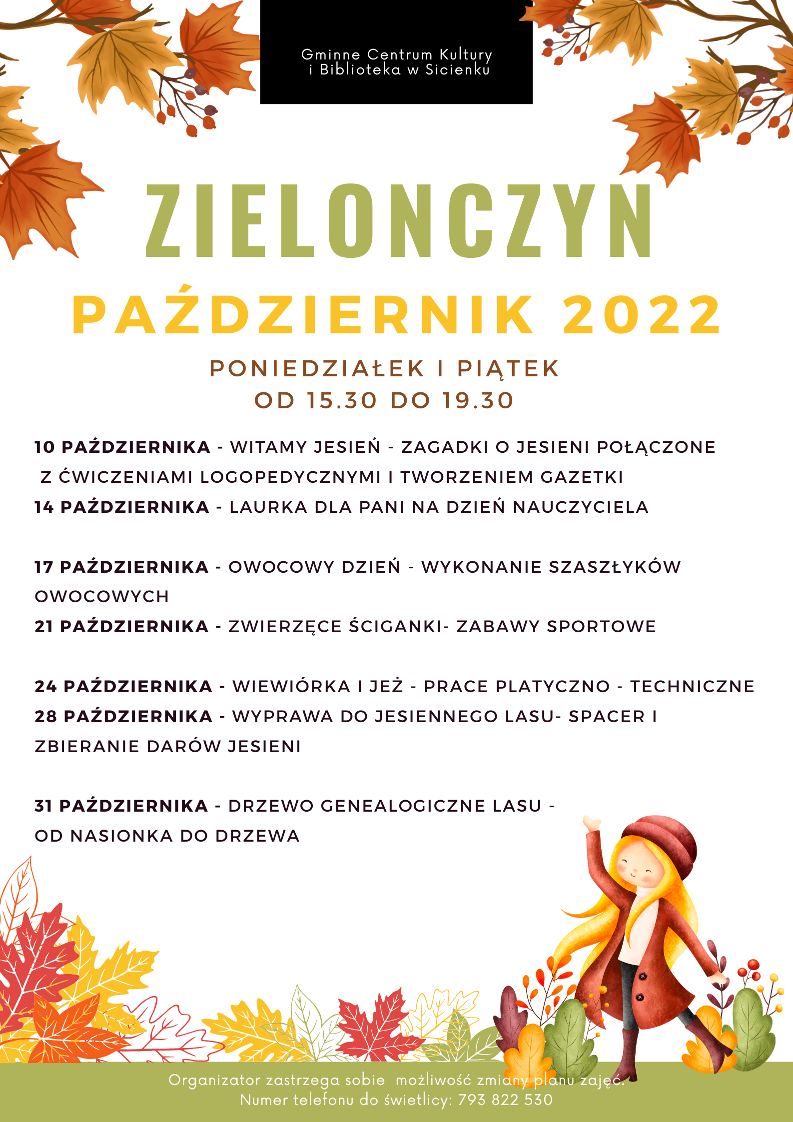 Plan pracy październik 2022- świetlica wiejska w Zielonczynie.