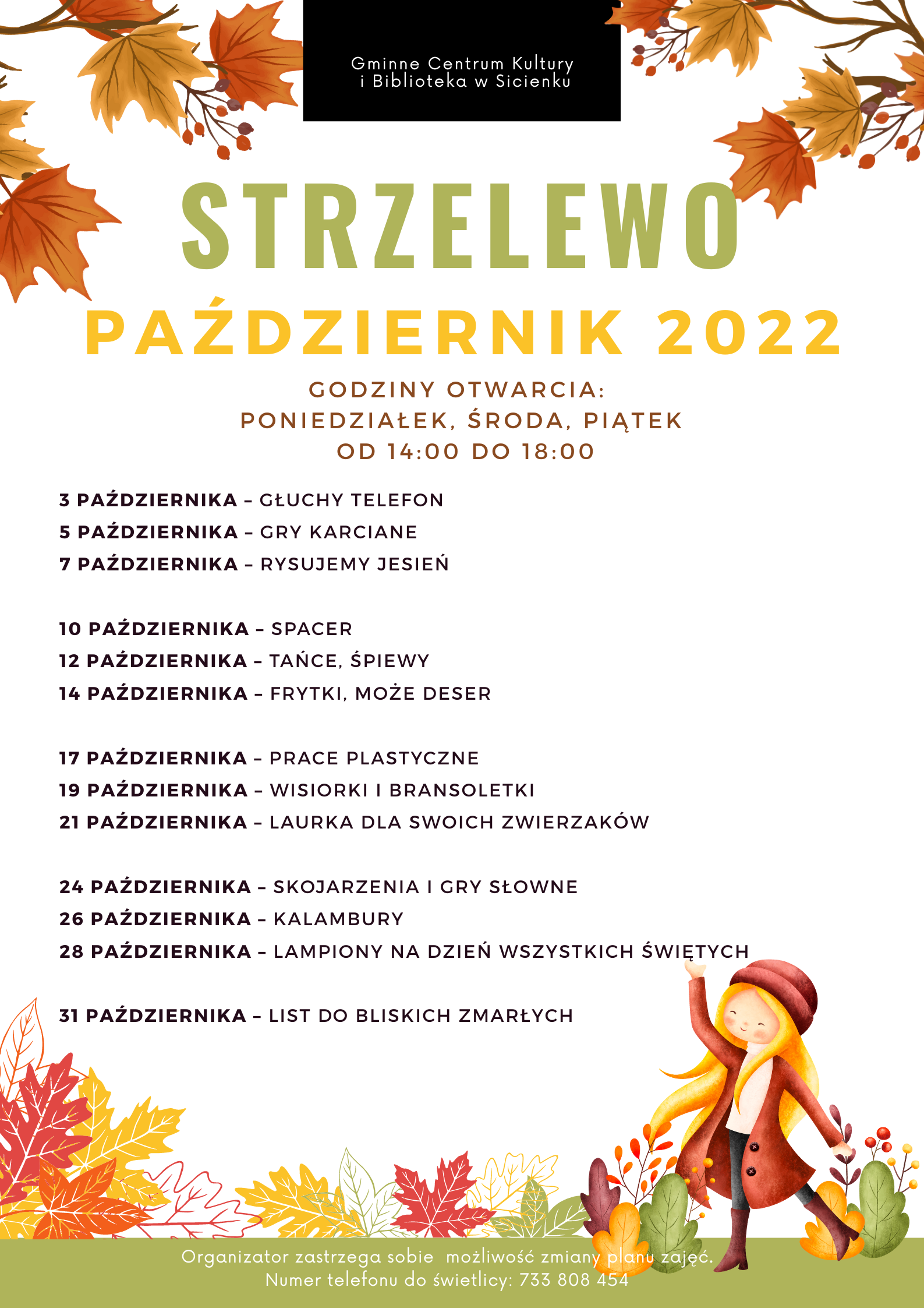 Plan pracy październik 2022- świetlica wiejska w Strzelewie.