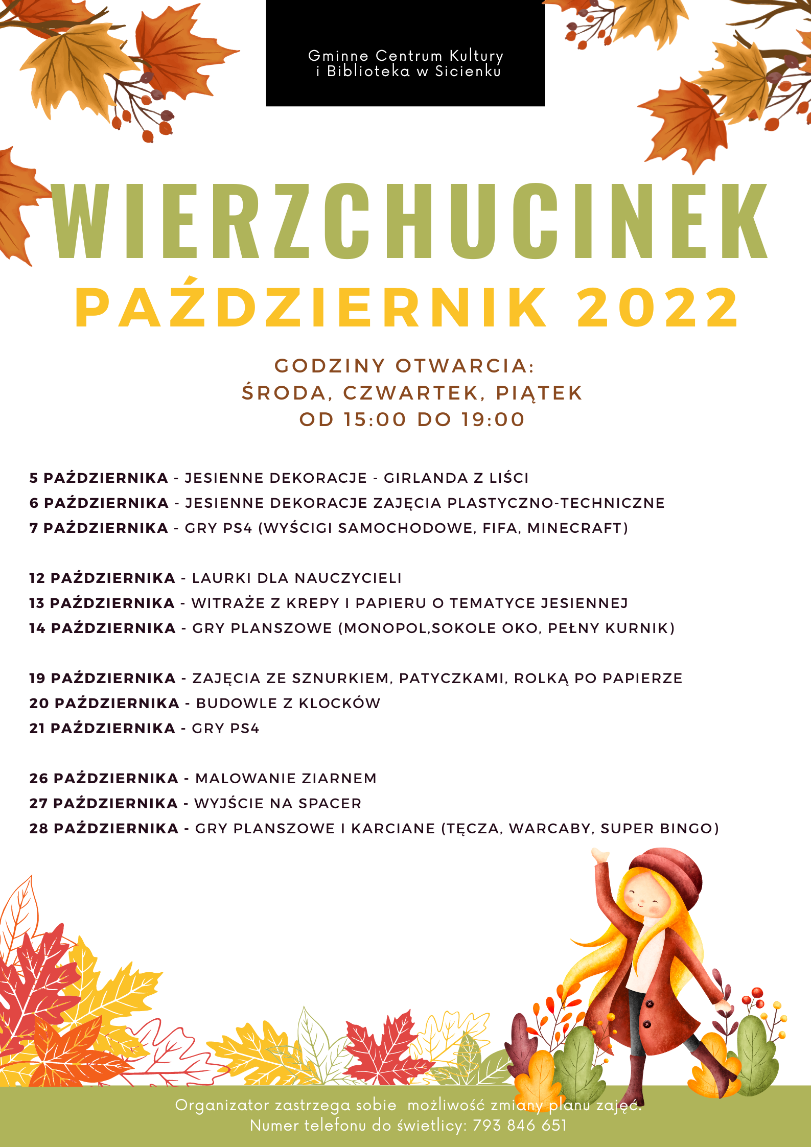 Plan pracy październik 2022- świetlica wiejska w Wierzchucinku.