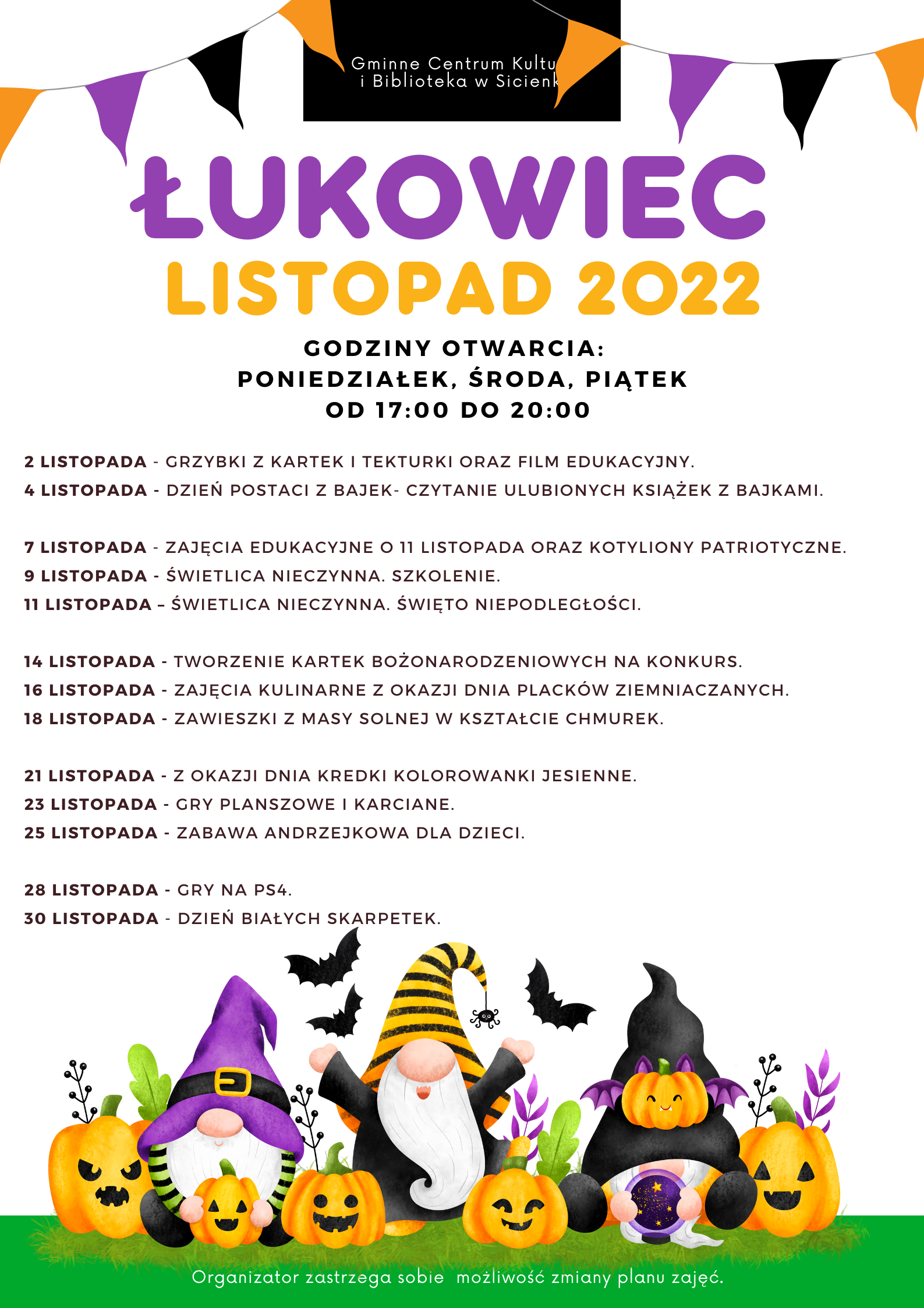 Plan pracy listopad 2022- świetlica wiejska w Łukowcu.