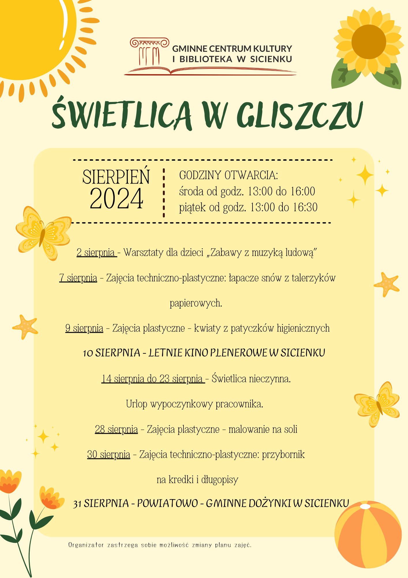 Plan zajęć - sierpień 2024 Gliszcz