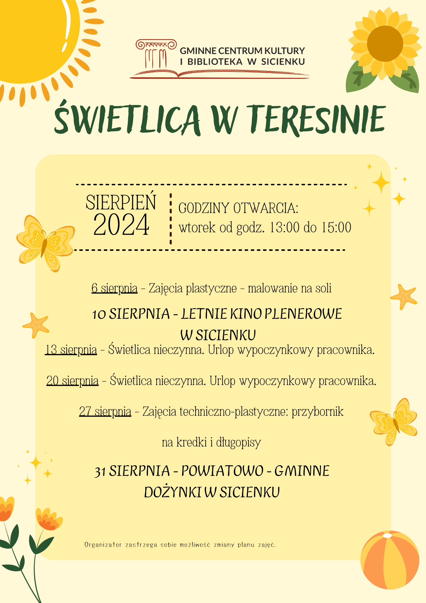 Plan zajęć - sierpień 2024 Teresin