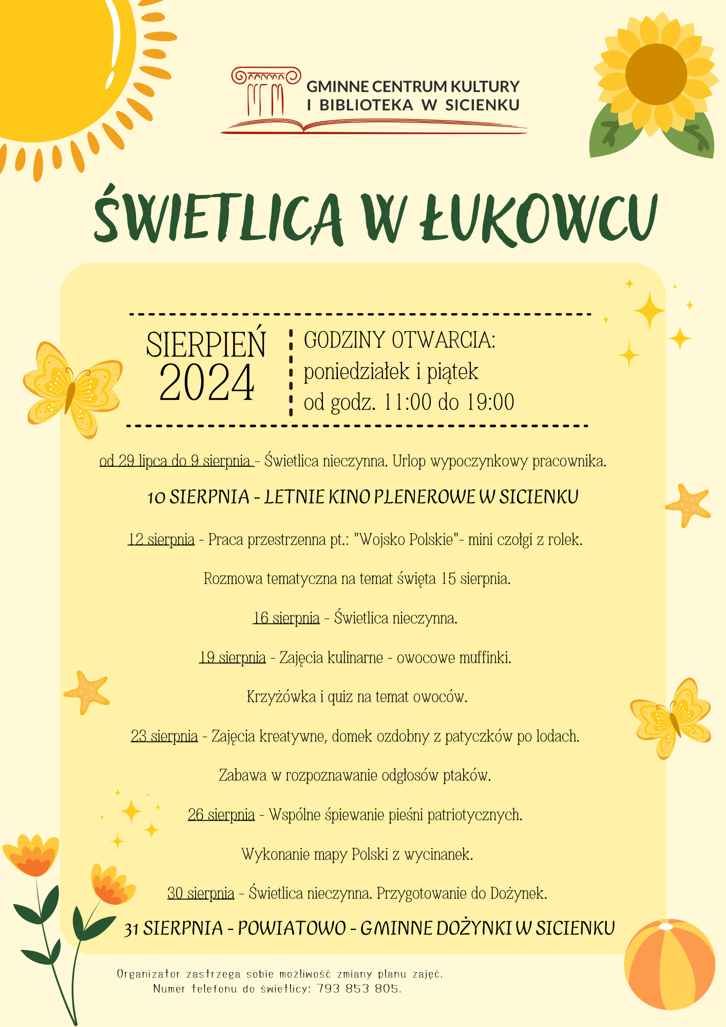 Plan zajęć - sierpień 2024 Łukowiec