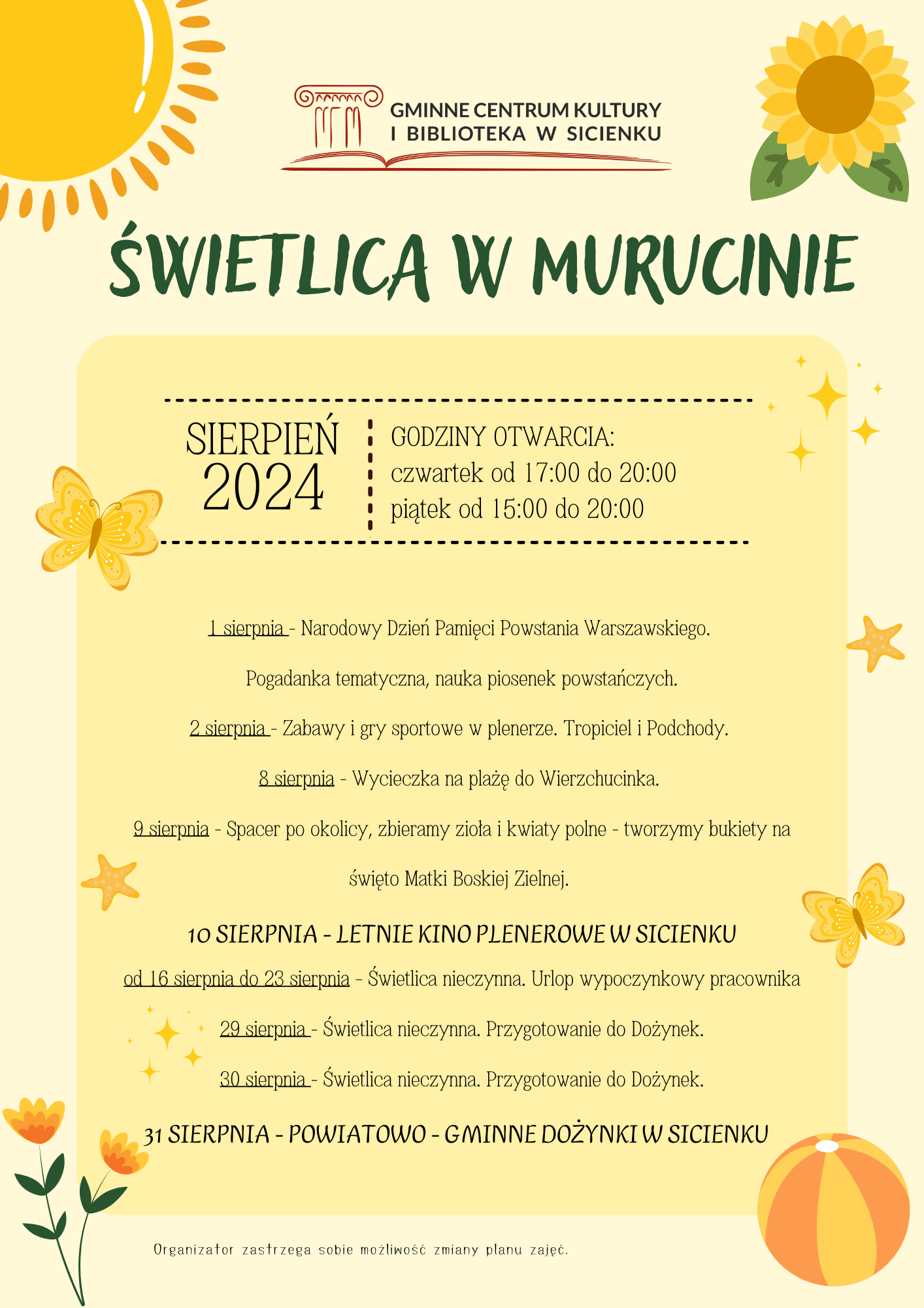 Plan zajęć - sierpień 2024 Murucin 