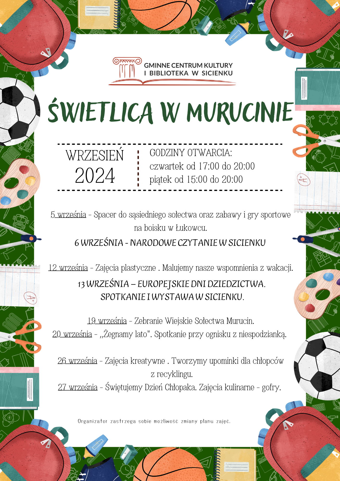 Plan zajęć - wrzesień 2024 Murucin