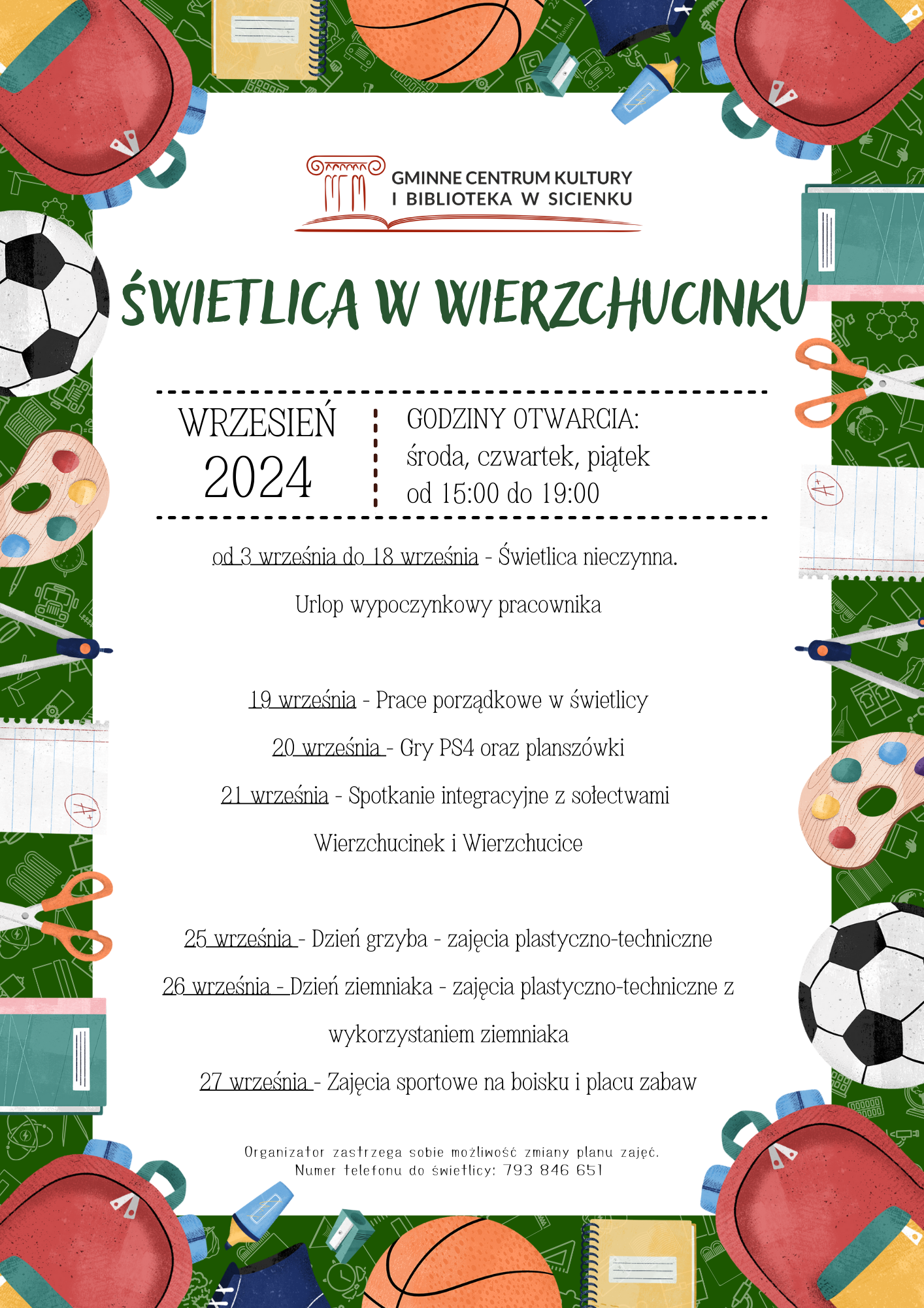 Plan zajęć - wrzesień 2024 Wierzchucinek