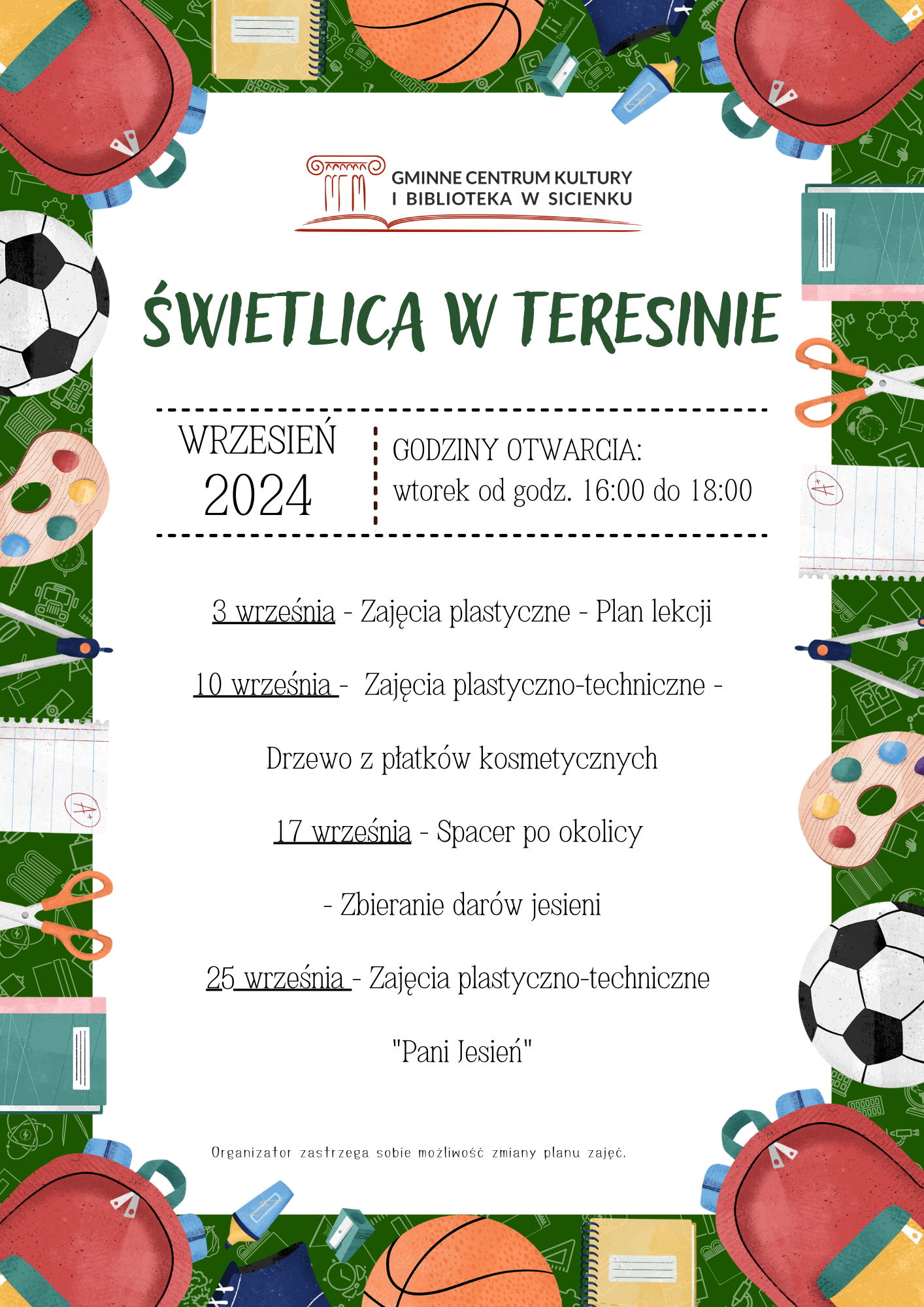 Plan zajęć - wrzesień 2024 Teresin 