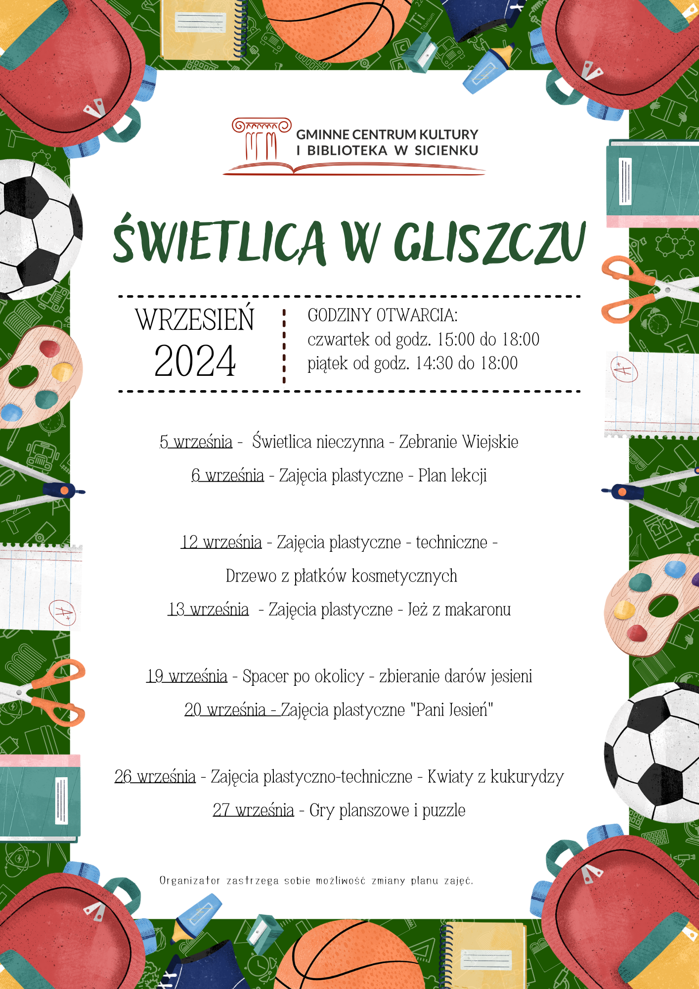 Plan zajęć - wrzesień 2024 Gliszcz