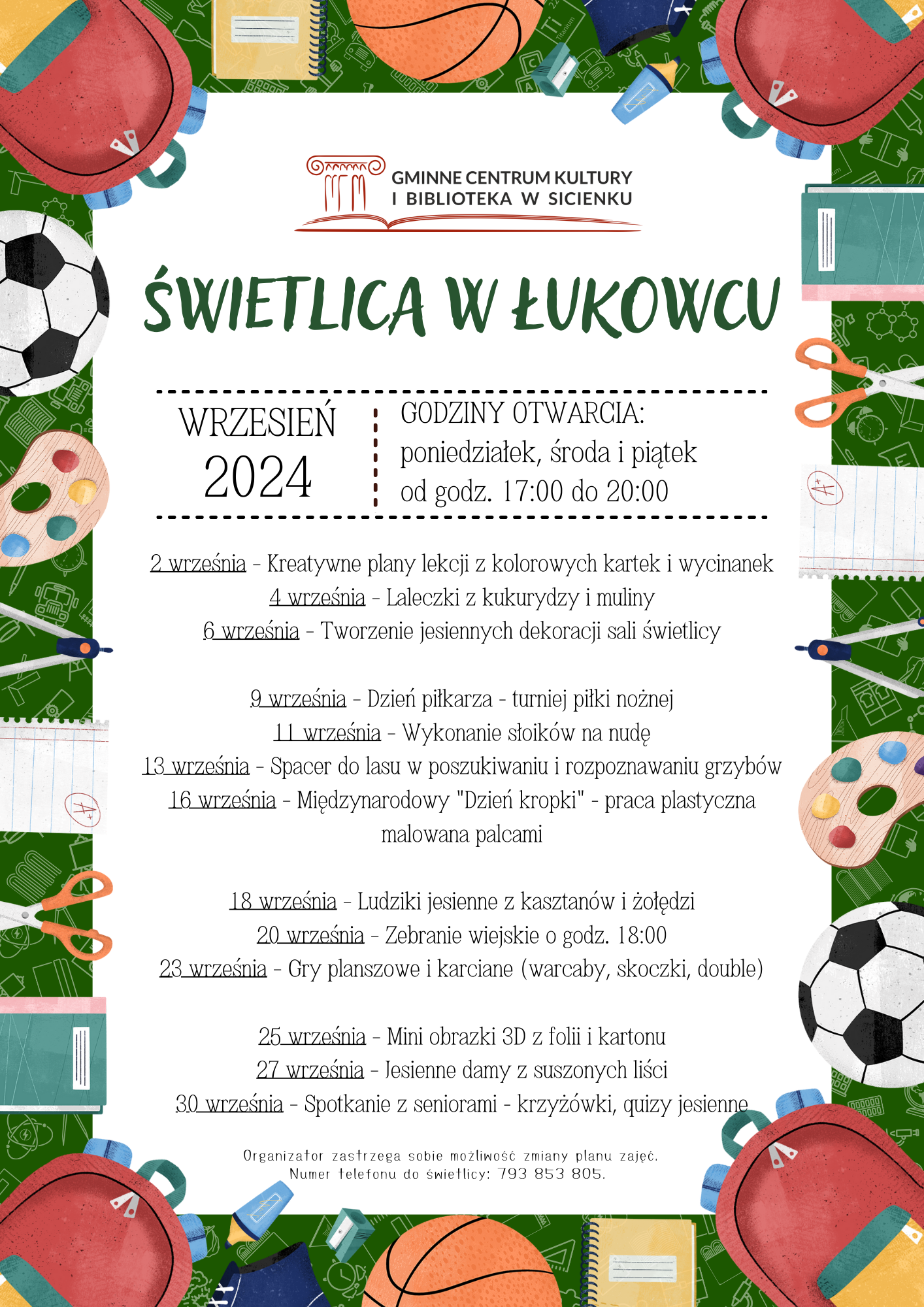 Plan zajęć - wrzesień 2024 Łukowiec