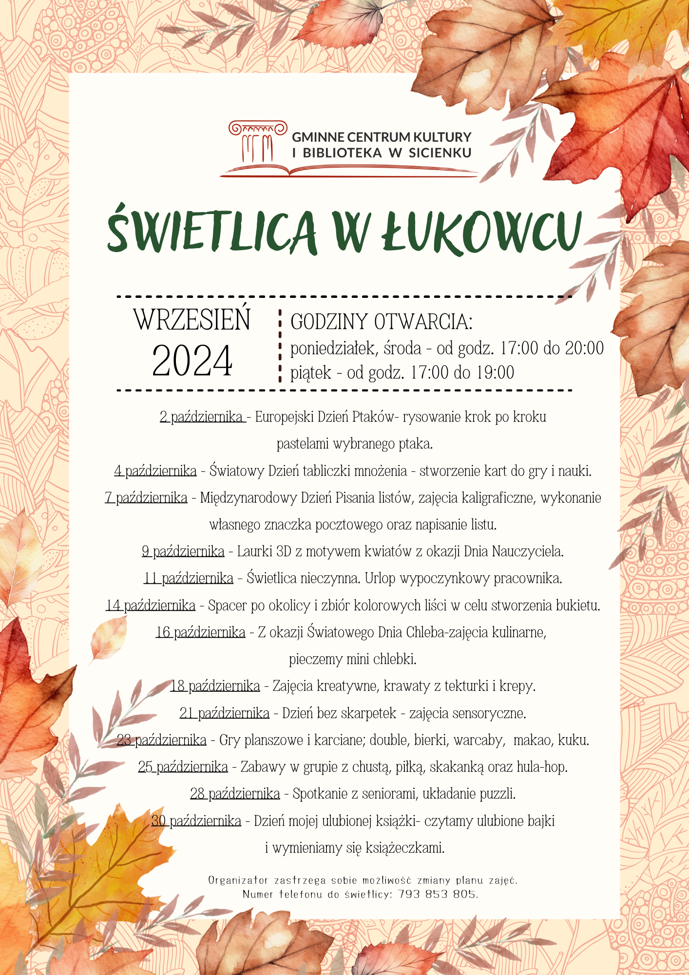 Plan zajęć - październik 2024 Łukowiec