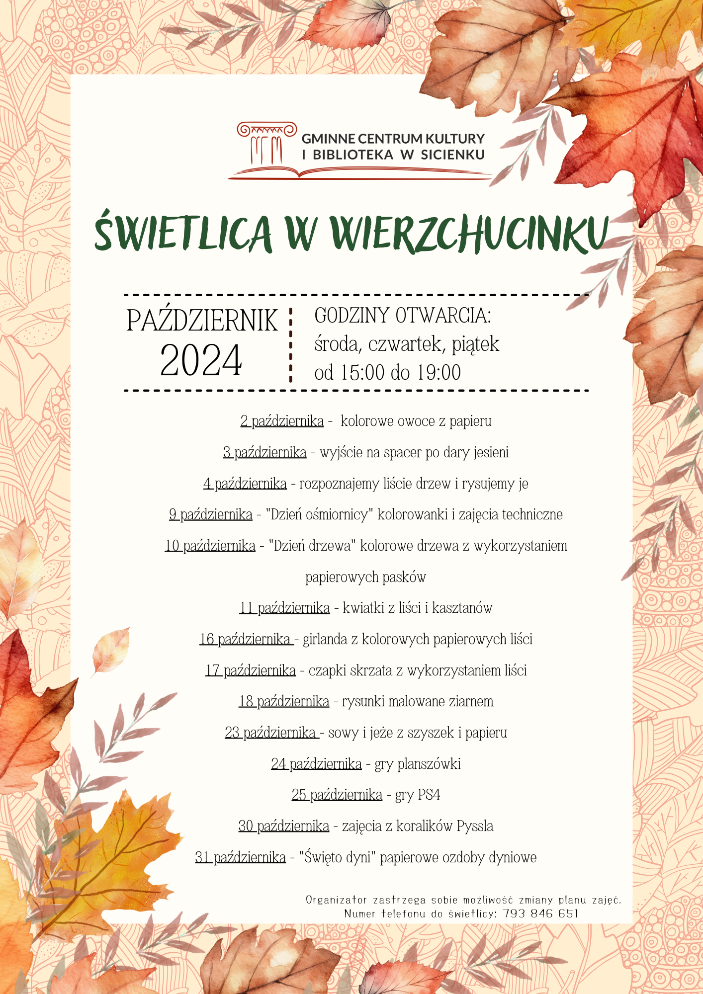 Plan zajęć - październik 2024 Wierzchucinek 