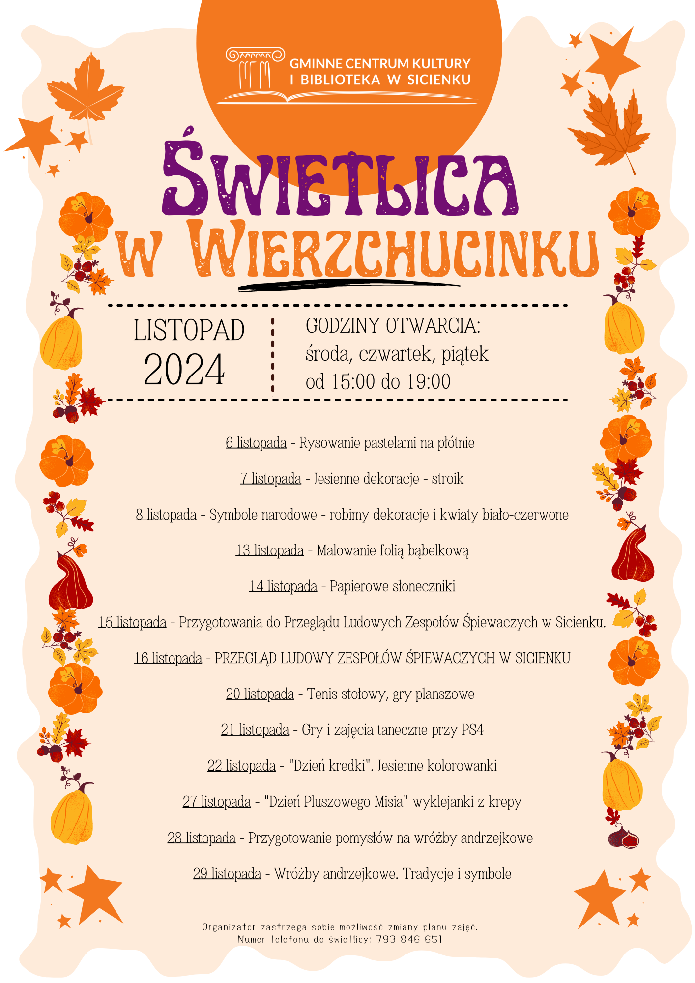 Plan zajęć - listopad 2024 Wierzchucinek